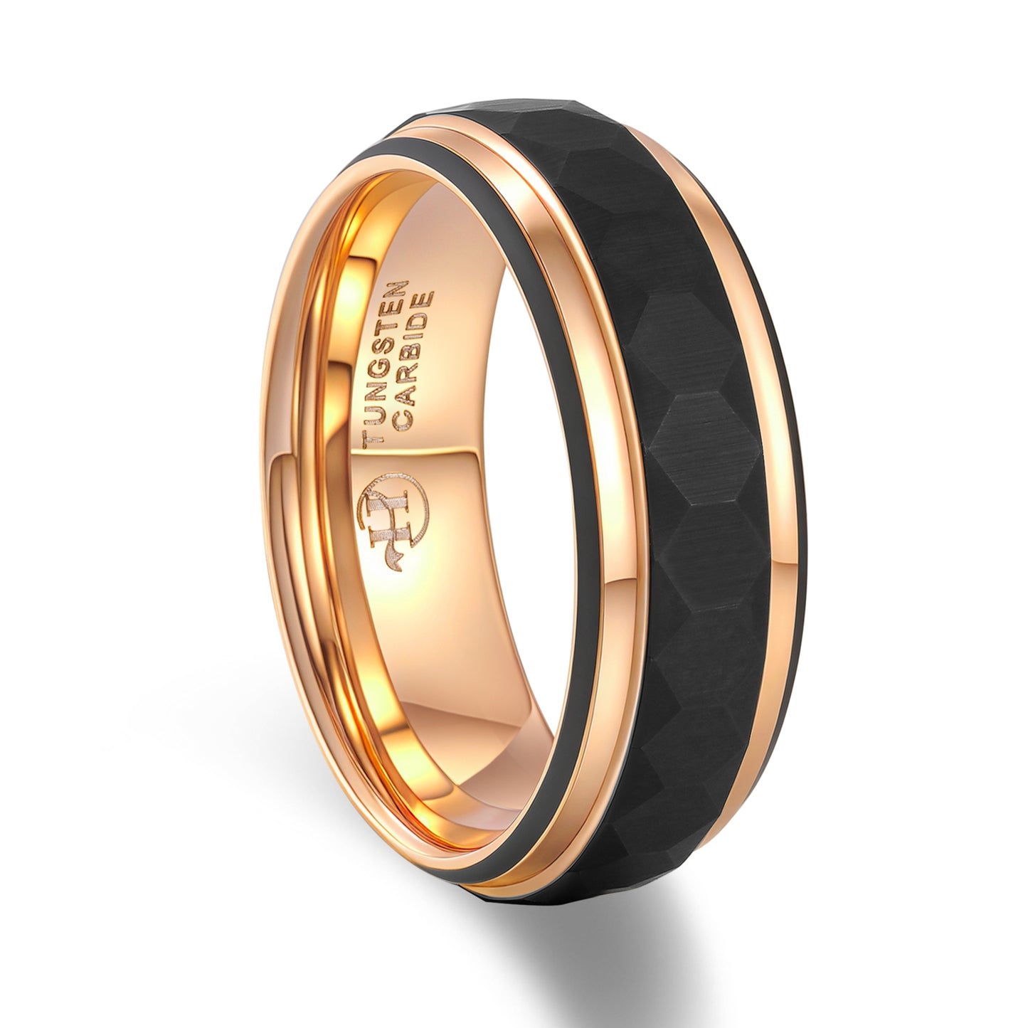 Hammered Men's Black Tungsten Carbide Wedding Rings with Rose Gold Lines (HI-0213)