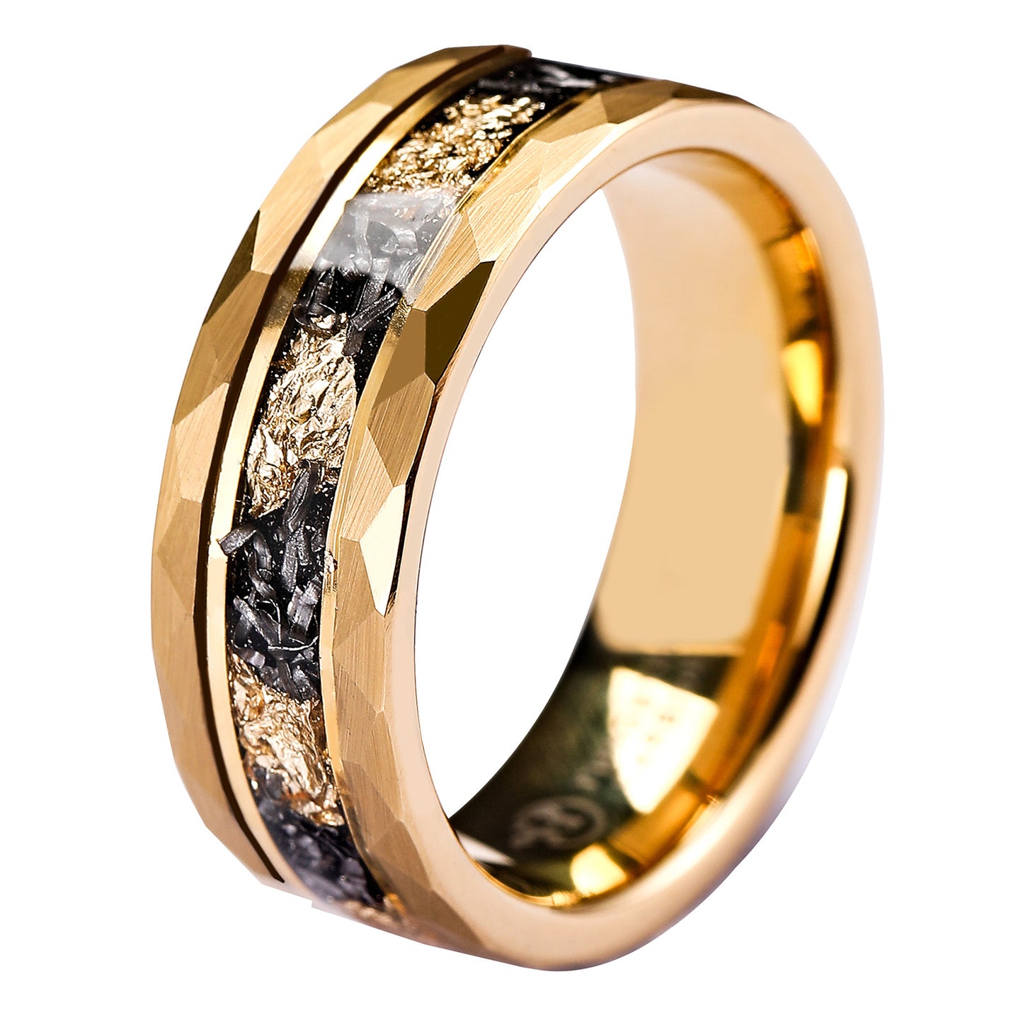 Hammered Mens Tungsten Carbide Wedding Bands with Gold Foil Inlay (HI-0206)