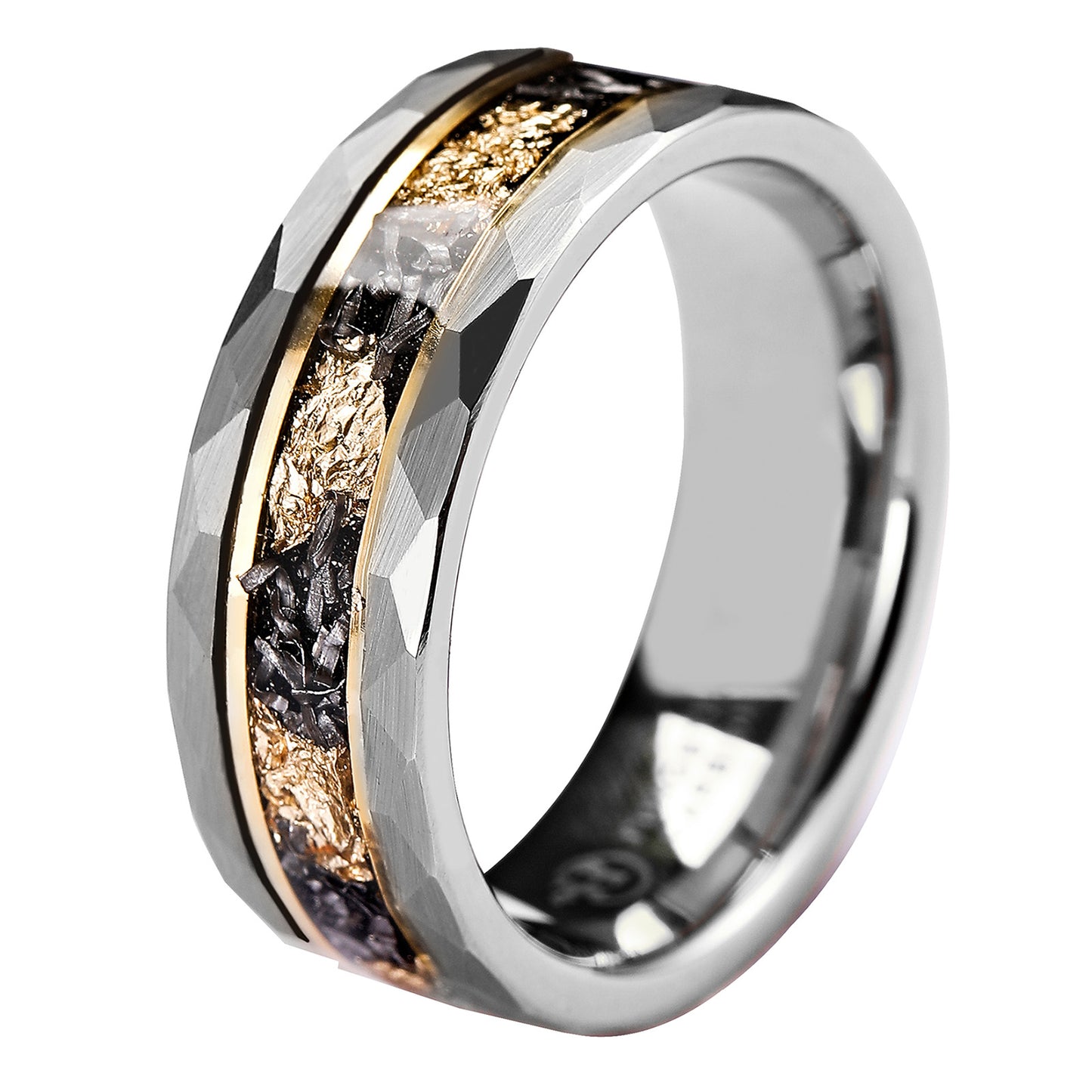 Hammered Mens Tungsten Carbide Wedding Bands with Gold Foil Inlay (HI-0206)