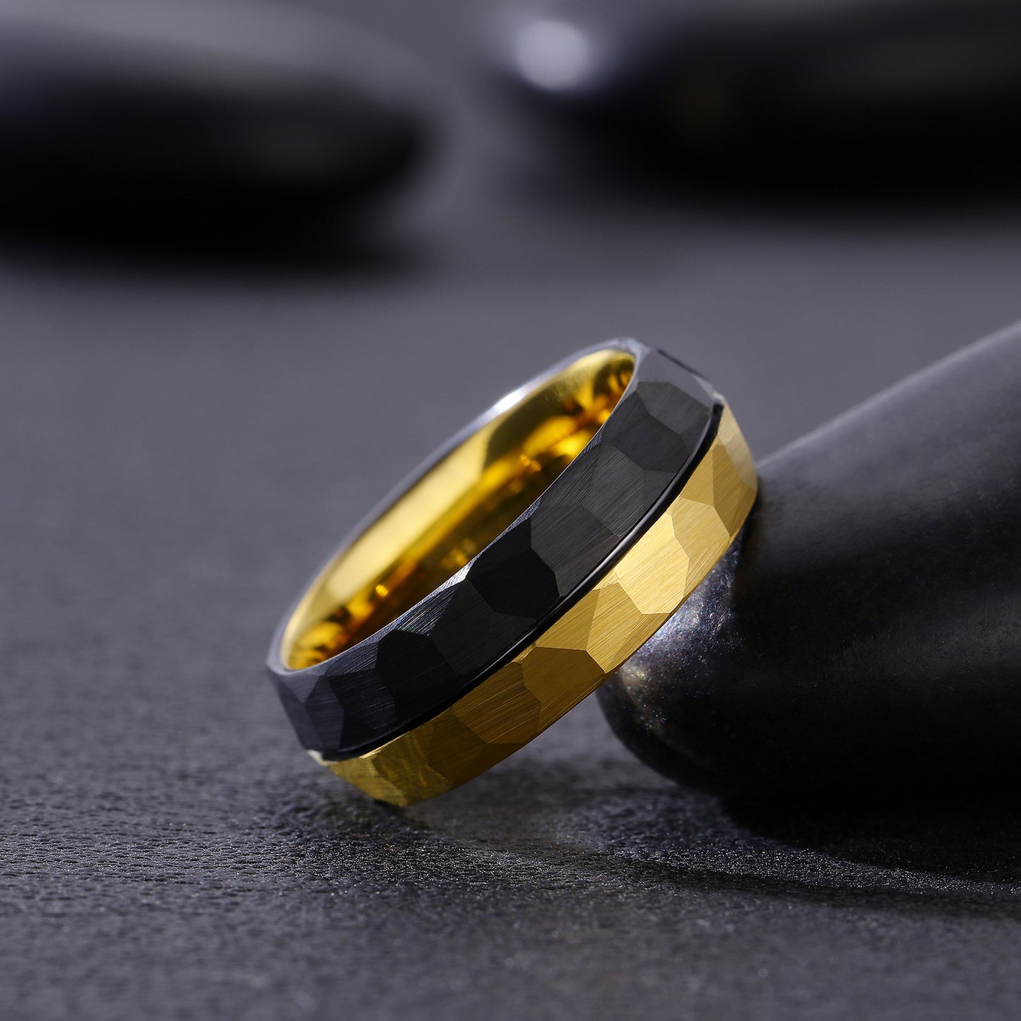 Gold & Black Two-Tone Hammered Tungsten Carbide Rings for Men (HI-0210)