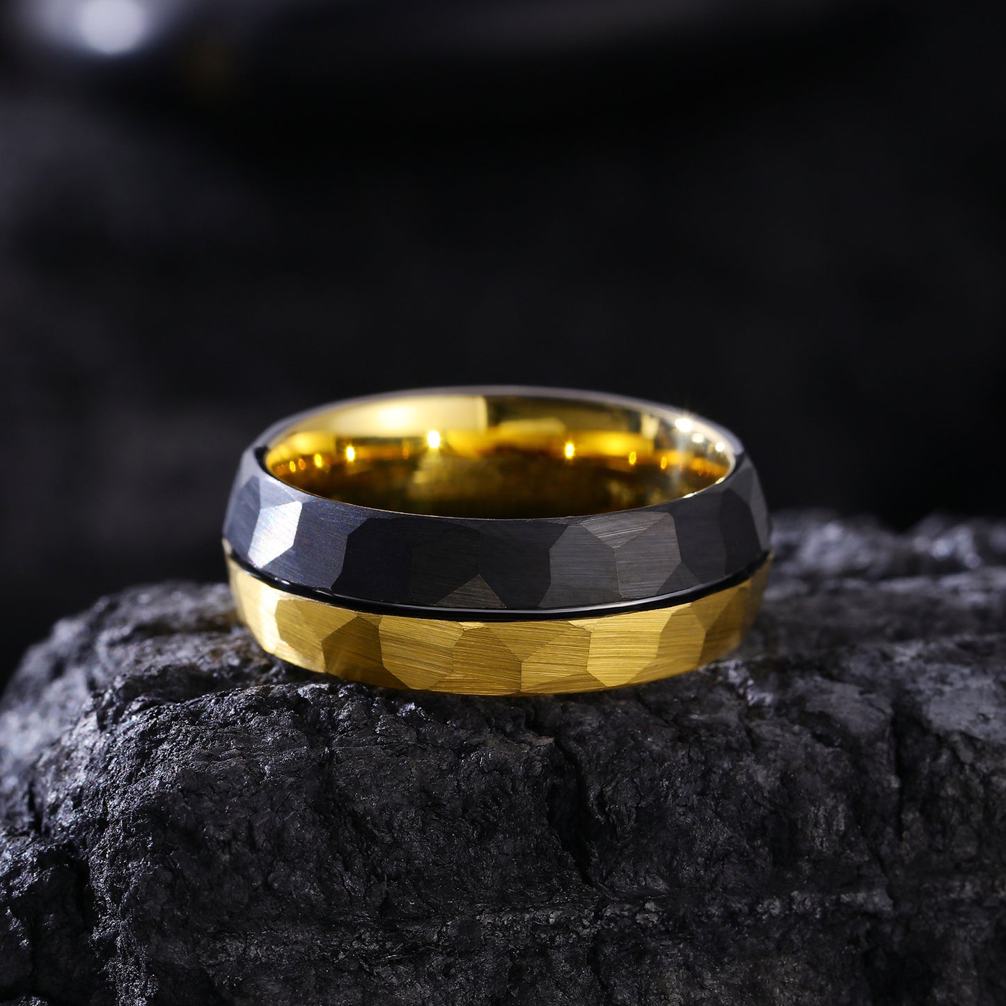 Gold & Black Two-Tone Hammered Tungsten Carbide Rings for Men (HI-0210)