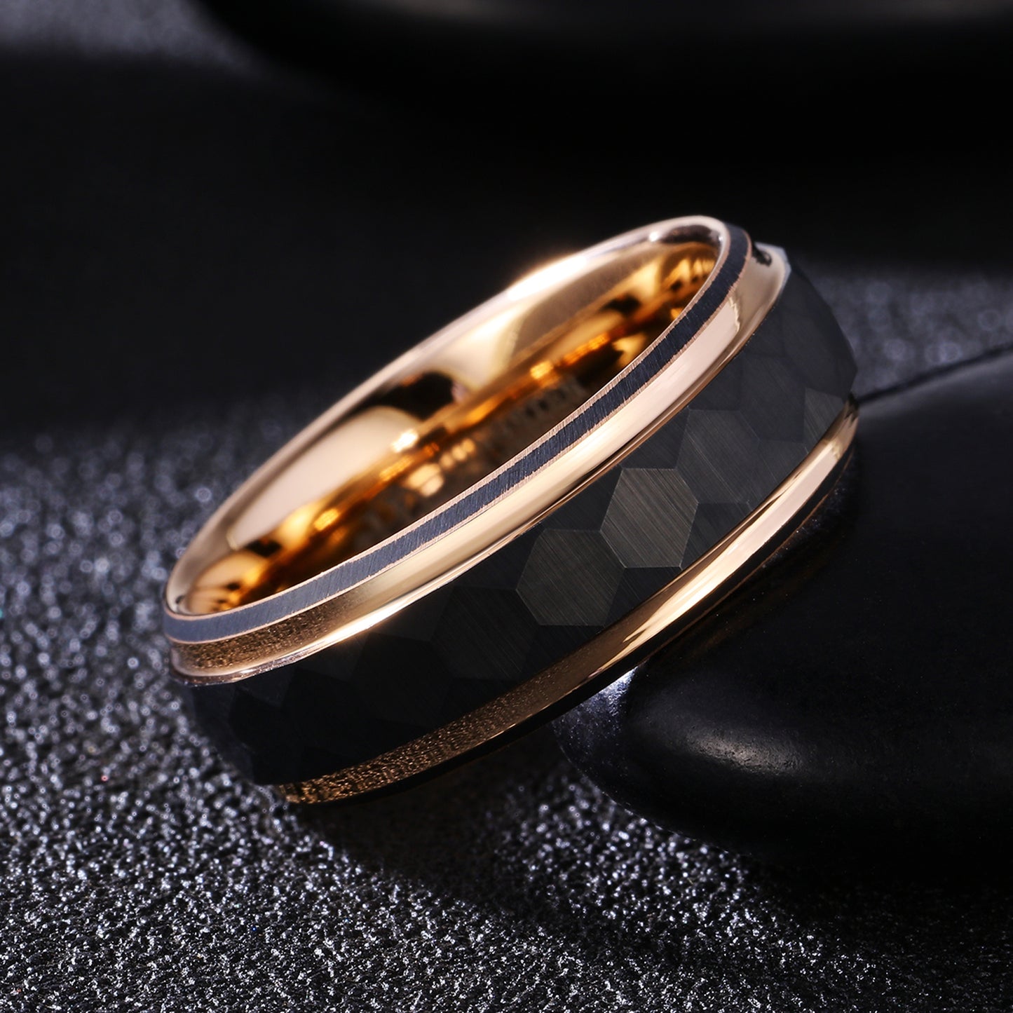 Hammered Men's Black Tungsten Carbide Wedding Rings with Rose Gold Lines (HI-0213)