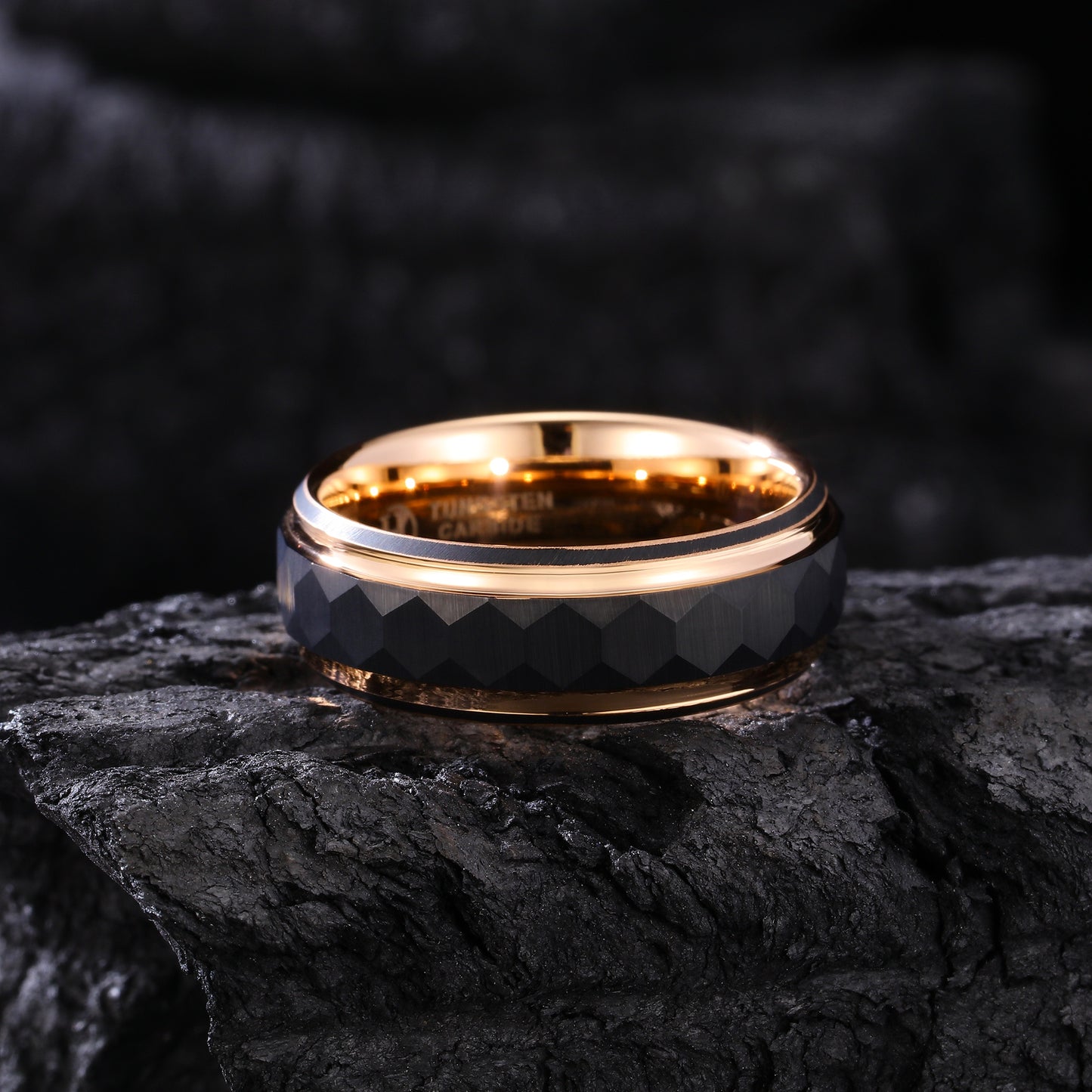 Hammered Men's Black Tungsten Carbide Wedding Rings with Rose Gold Lines (HI-0213)