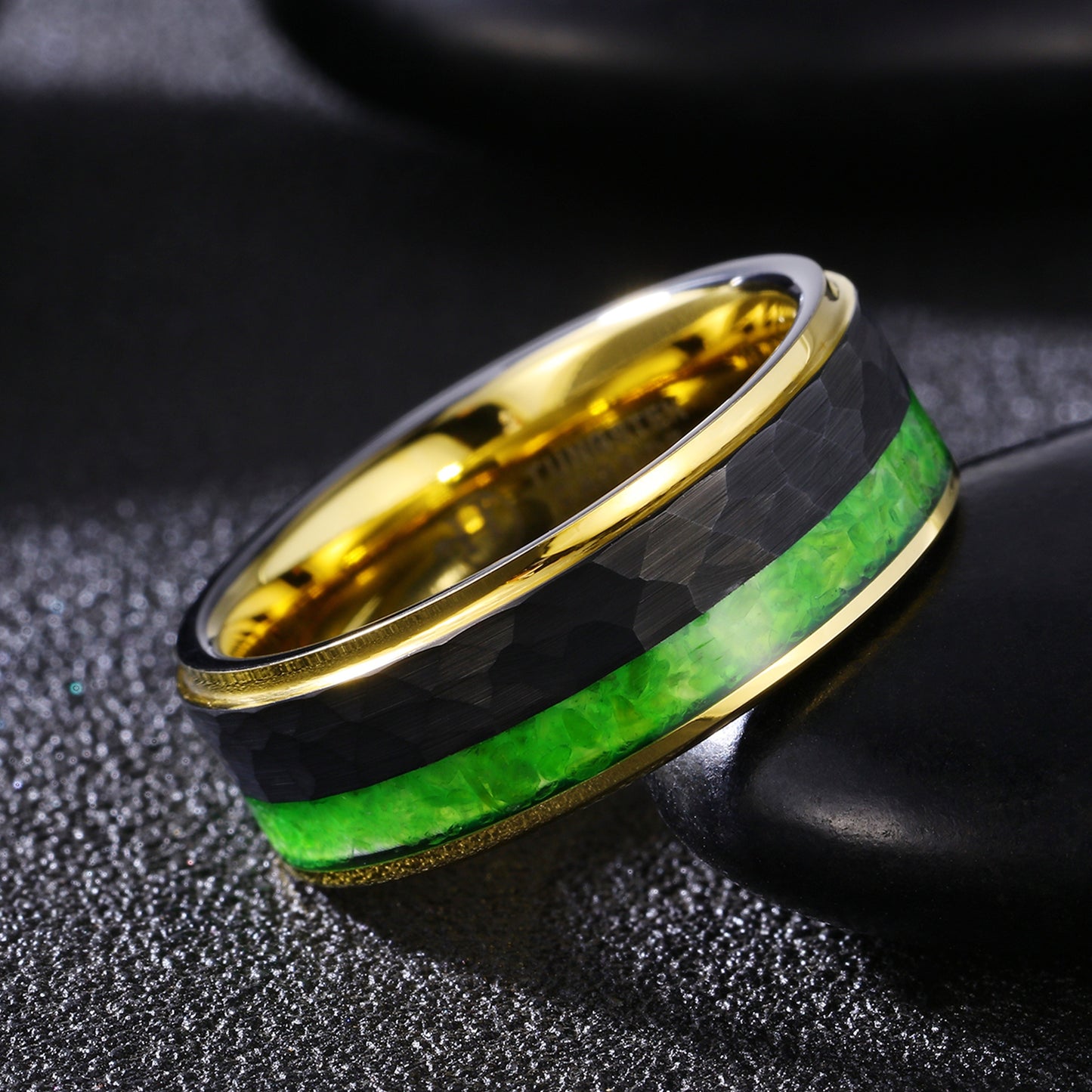 Hammered Men's Tungsten Carbide Wedding Ring with Green Peridot Inlay (HI-0217)