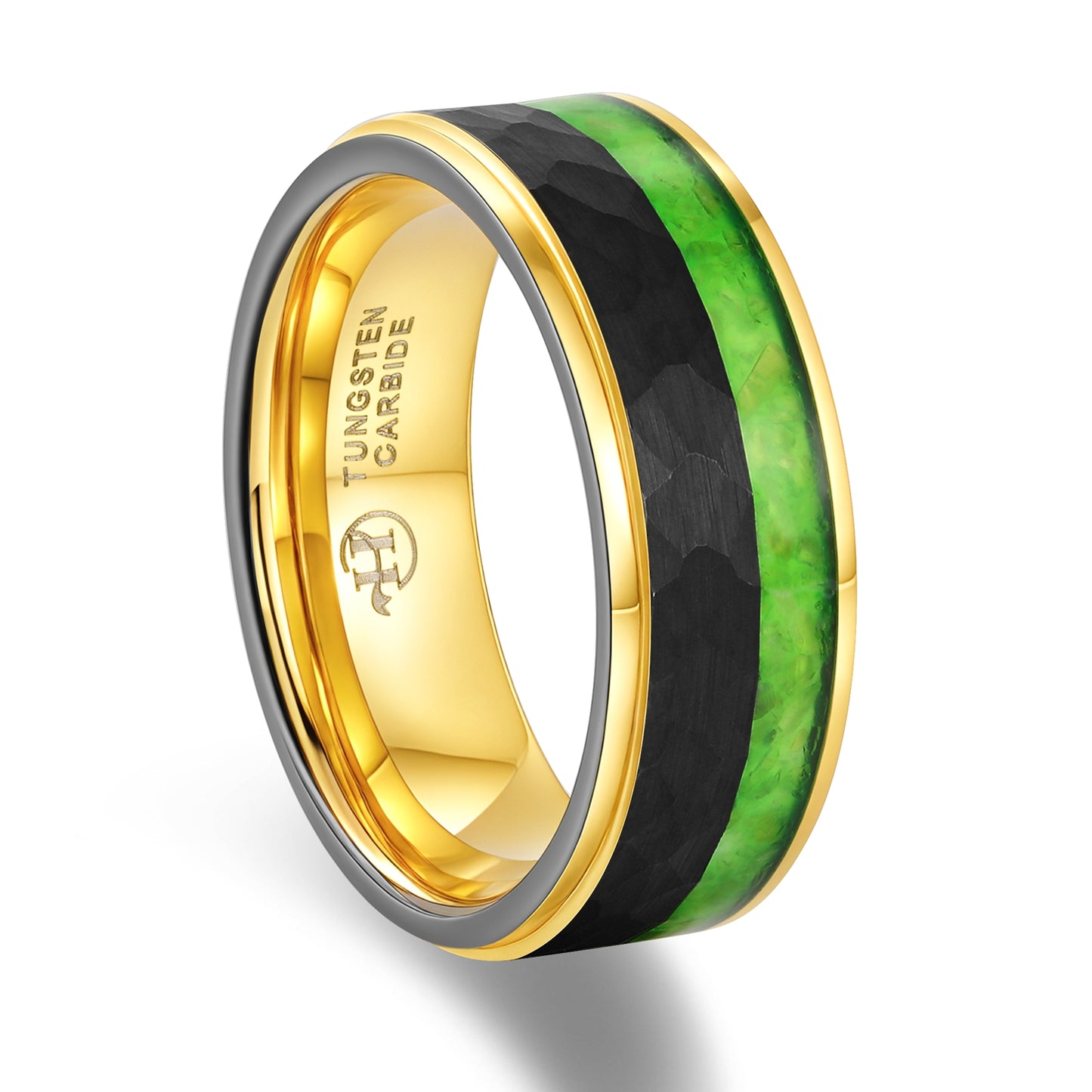 Hammered Men's Tungsten Carbide Wedding Ring with Green Peridot Inlay (HI-0217)