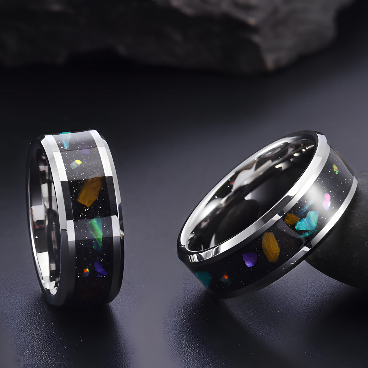 Hioleegi Galaxy Mens Wedding Bands Tungsten Carbide with Opal Inlay (HI-0209)