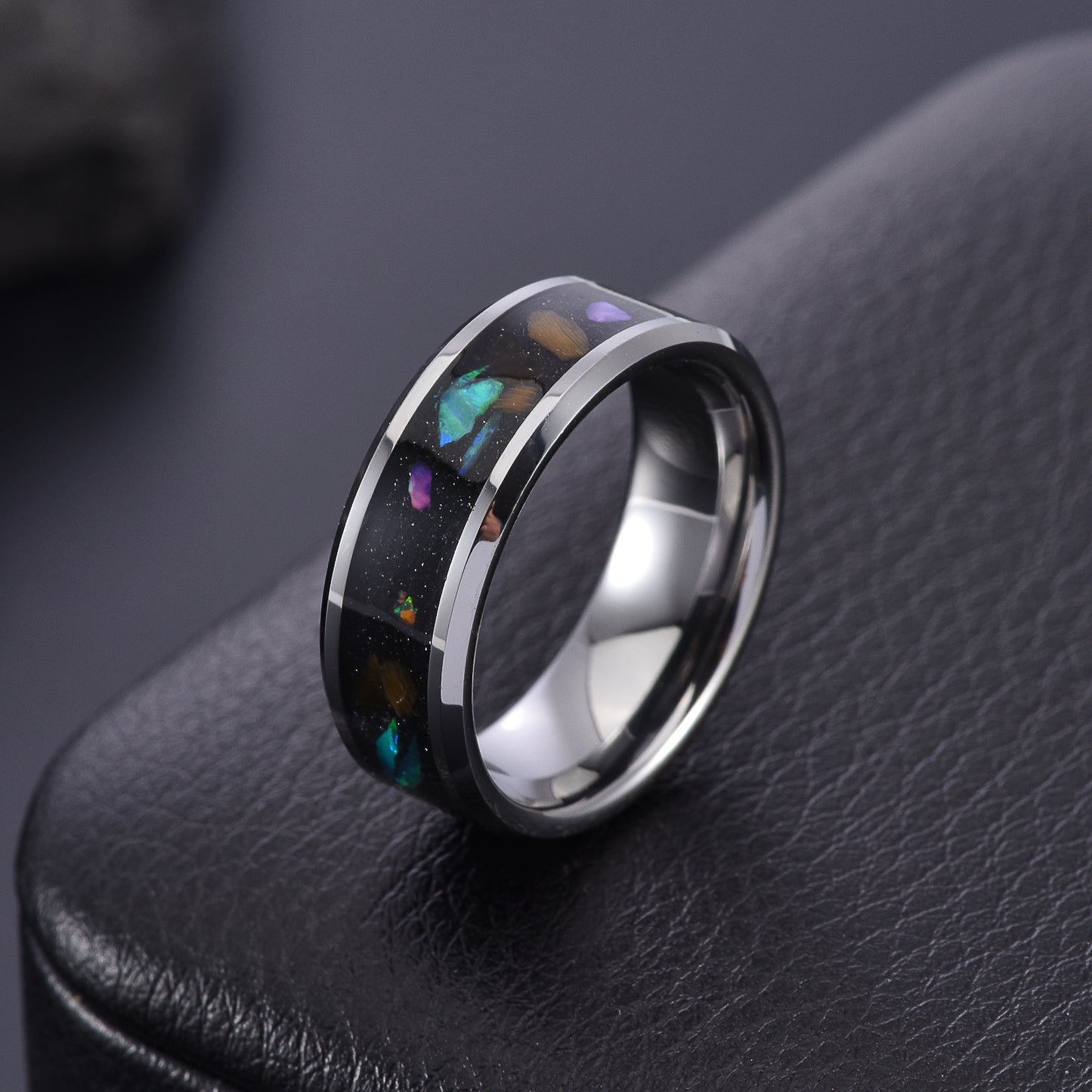 Meteorite Wedding Bands for Men Tungsten Carbide with Opal Inlay (HI-0208)