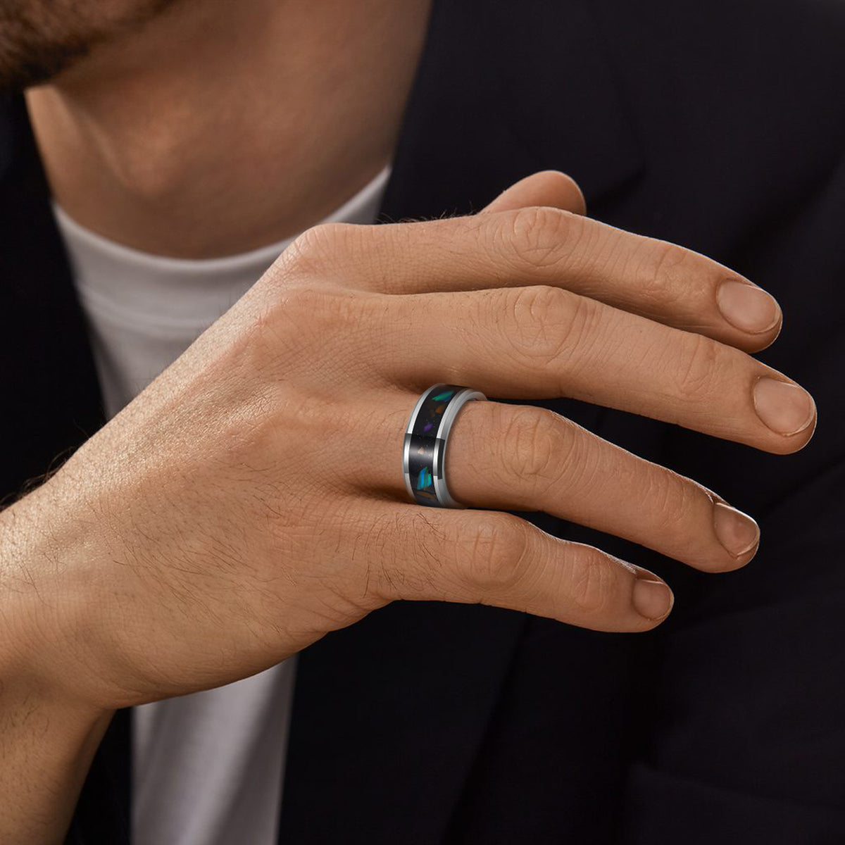 Meteorite Wedding Bands for Men Tungsten Carbide with Opal Inlay (HI-0208)