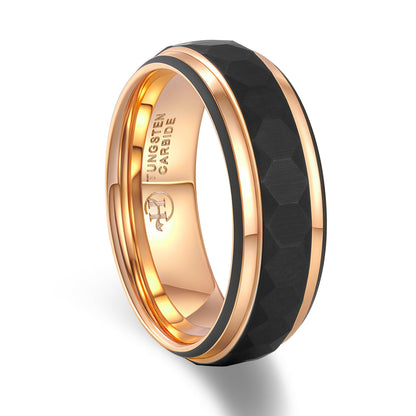 Hammered Men's Black Tungsten Carbide Wedding Rings with Rose Gold Lines (HI-0213)