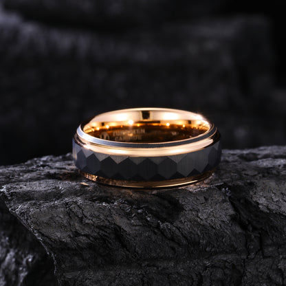 Hammered Men's Black Tungsten Carbide Wedding Rings with Rose Gold Lines (HI-0213)