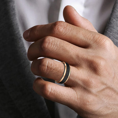 Hammered Men's Black Tungsten Carbide Wedding Rings with Rose Gold Lines (HI-0213)