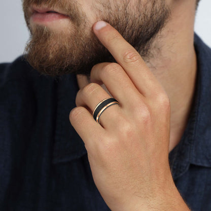 Hammered Men's Black Tungsten Carbide Wedding Rings with Rose Gold Lines (HI-0213)