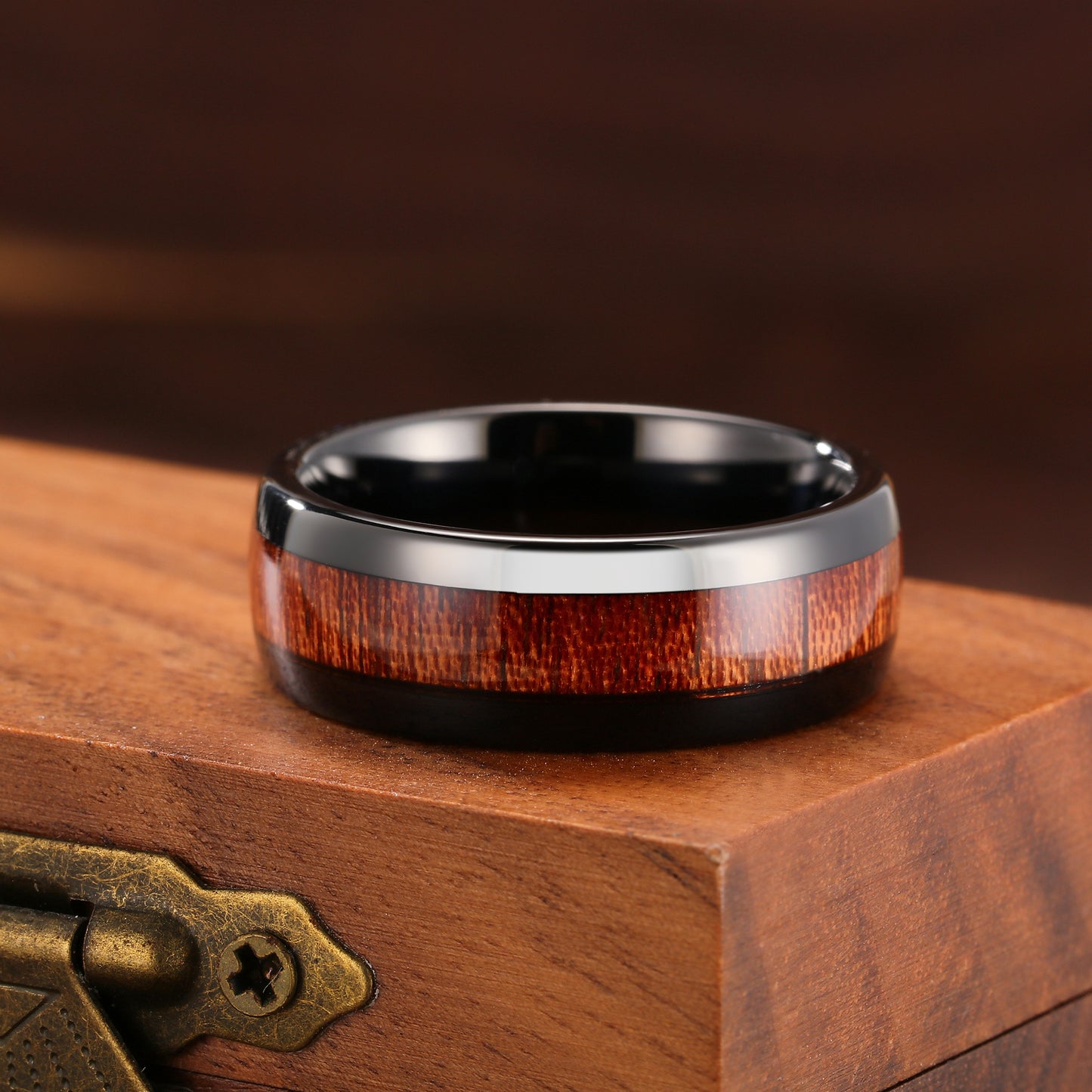 Mens Tungsten Dome Ring with Barrel Wood Inlay Basic 8mm (H-0221)