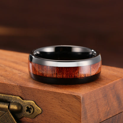Mens Tungsten Dome Ring with Barrel Wood Inlay Basic 8mm (H-0221)